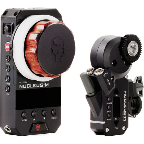 Tilta Nucleus-M Wireless Lens Control System Partial Kit I, including the FIZ hand unit, lens control motor, power cable, marking disks, and battery charger.