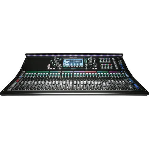 The image shows the front view of an Allen & Heath SQ-7 48-Channel / 36-Bus Digital Mixer with 32+1 Motorized Faders. It features a 7-inch capacitive touchscreen display, multiple control knobs, and connection ports.
