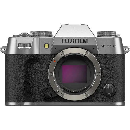 FUJIFILM X-T50 Mirrorless Camera body in silver color, showcasing the front view with lens mount visible.