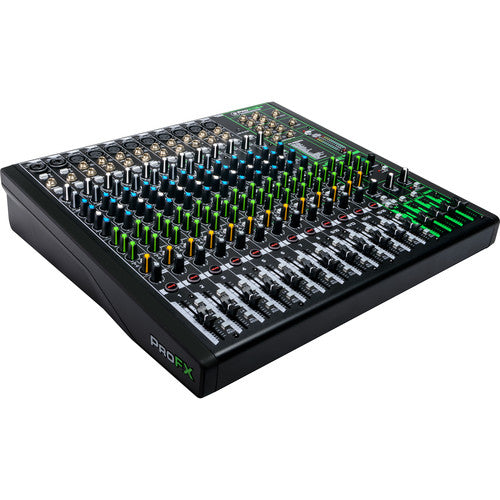 Mackie ProFX16v3 16-Channel Sound Reinforcement Mixer with built-in FX, multiple control knobs, and connection ports.