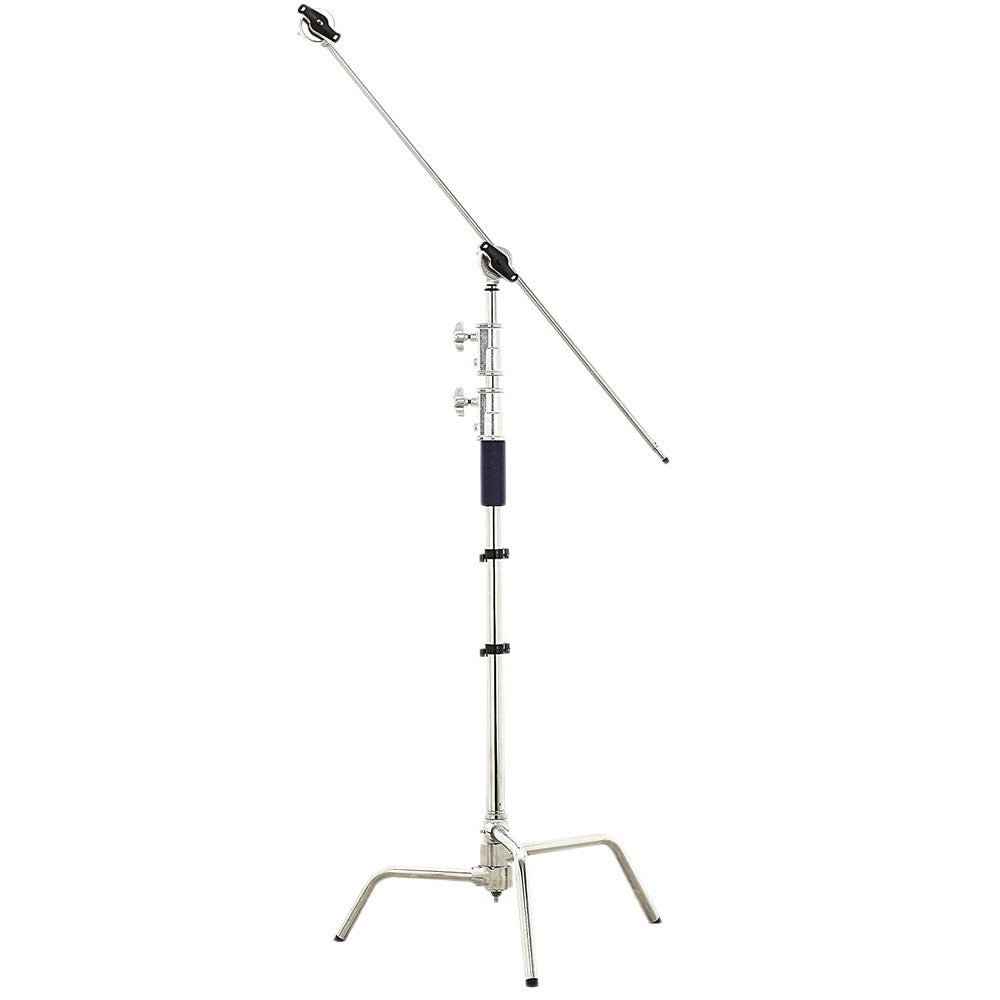 A Phottix PRO Boom Stand C-Stand, featuring a stainless steel construction, a collapsible boom arm, and two grip heads for mounting.