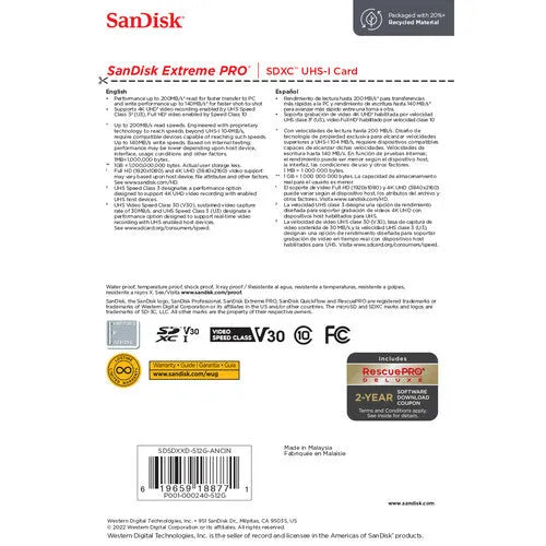 SanDisk 512GB Extreme PRO UHS-I 200mb/s. SDXC Memory Card