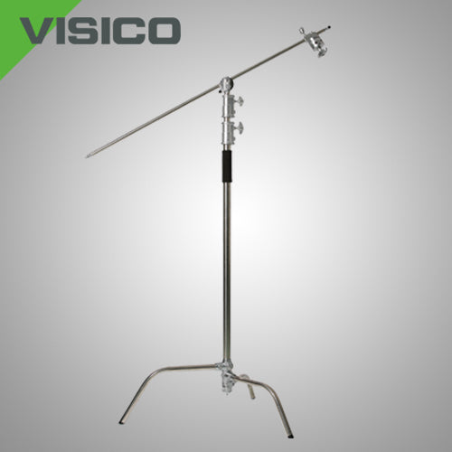 A silver-colored Visico C Stand CS-8201B with a boom arm and a mounted camera, designed for studio or stage use.