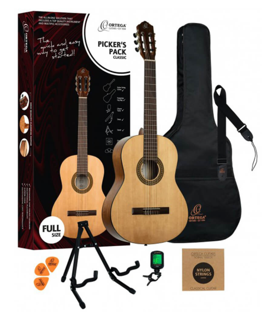 Ortega Picker's Pack, Full Size Classic Guitar Spruce Catalpa Natural Top & Back Gloss Finish with Accessories