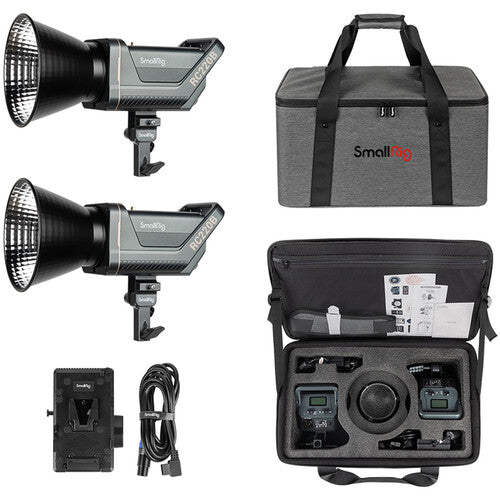 SmallRig RC 220B Bi-Color LED Monolight 2-Light Kit, including two LED monolights, a V-mount battery adapter, a reflector, a carrying case, and various accessories.