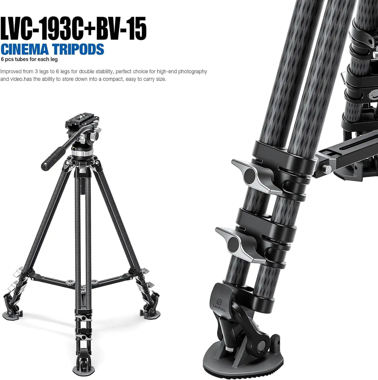 Leofoto LVC-193C Carbon Fiber Twin Leg Video Tripod+BV-15 Fluid Head