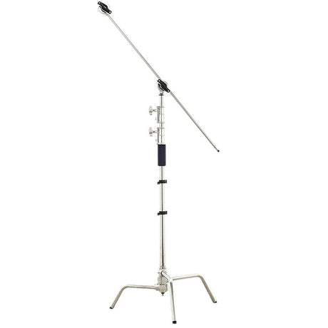 A Phottix PRO Boom Stand C-Stand, featuring a stainless steel construction, a collapsible boom arm, and two grip heads for mounting.