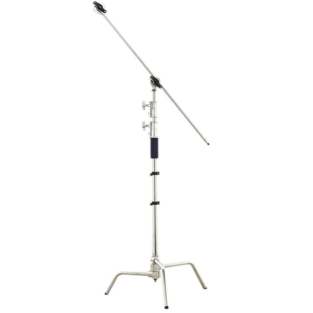 A Phottix PRO Boom Stand C-Stand, featuring a stainless steel construction, a collapsible boom arm, and two grip heads for mounting.