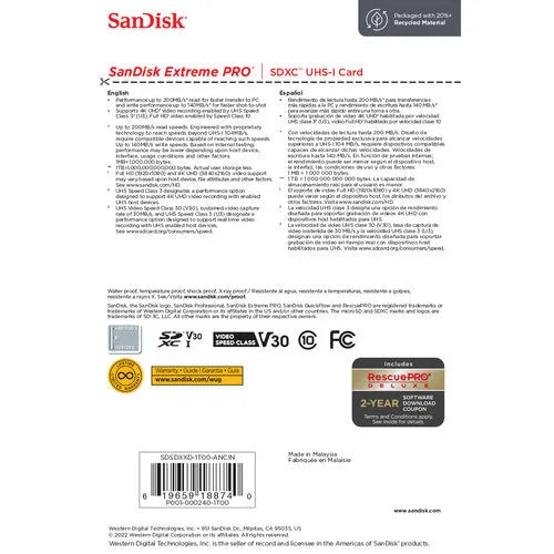 SanDisk 1TB Extreme PRO UHS-I 200mb/s. SDXC Memory Card